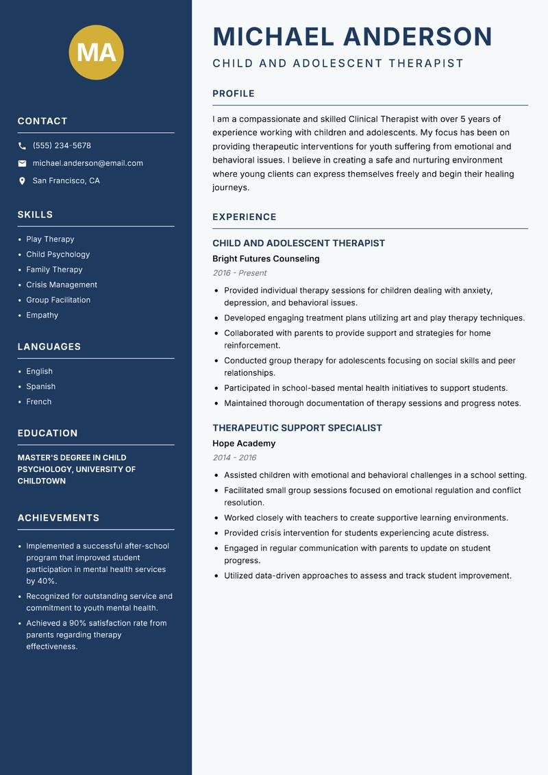 Clinical Therapist resume template — Classic Clean