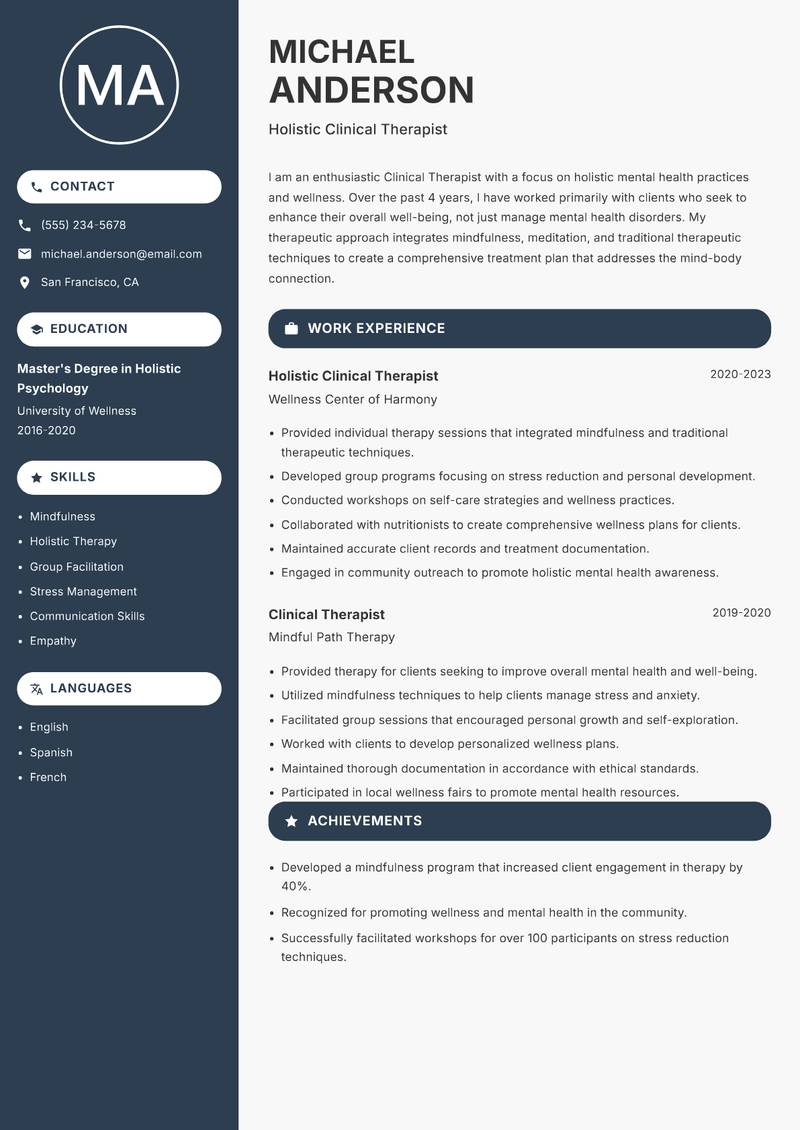 Clinical Therapist resume template — Compact