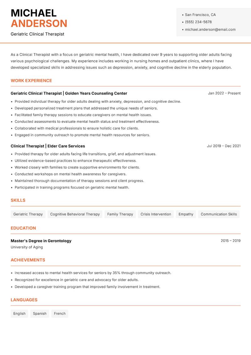 Clinical Therapist resume template — Modern Professional
