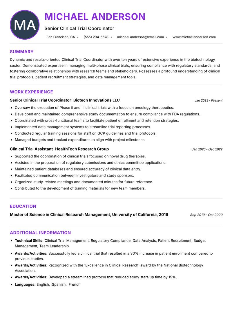 Clinical Trial Coordinator Biotechnology resume example — ATS-friendly template