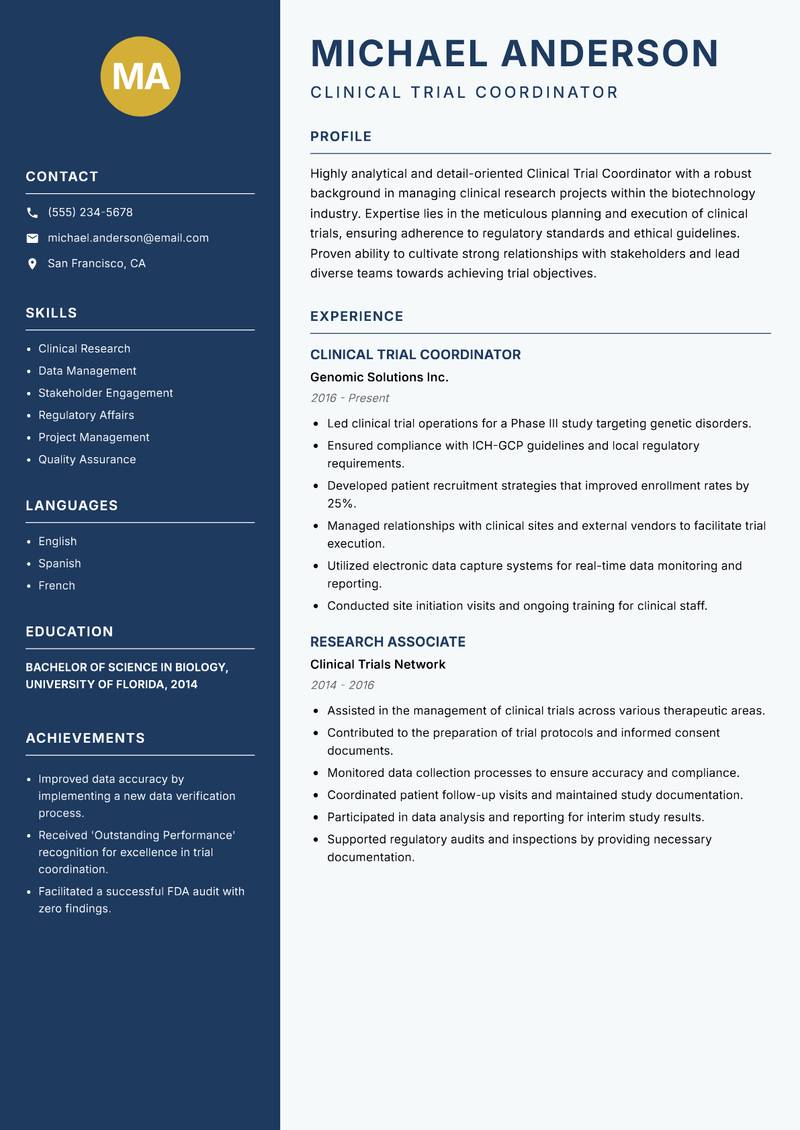 Clinical Trial Coordinator Biotechnology resume template — Classic Clean