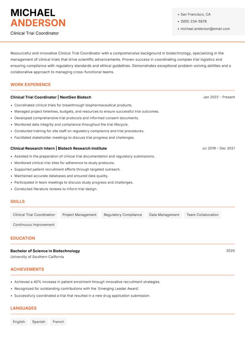 Clinical Trial Coordinator Biotechnology resume template — Modern Professional
