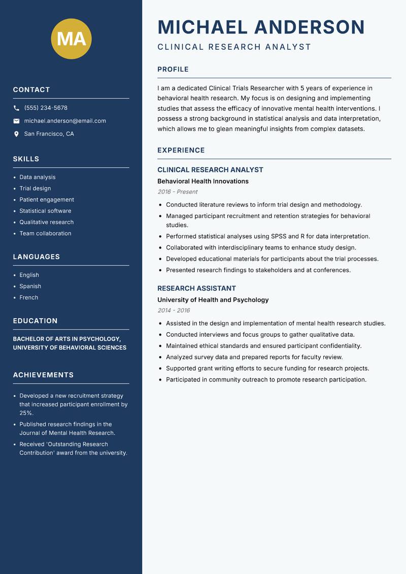 Clinical Trials Researcher resume template — Classic Clean