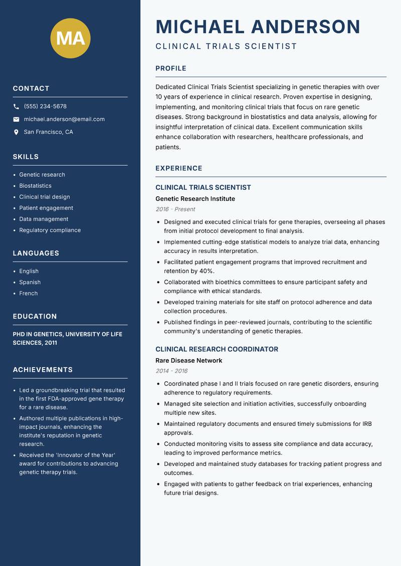 Clinical Trials Scientist resume template — Classic Clean