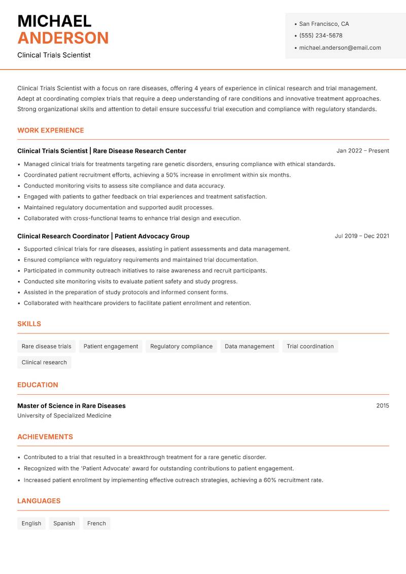 Clinical Trials Scientist resume template — Modern Professional