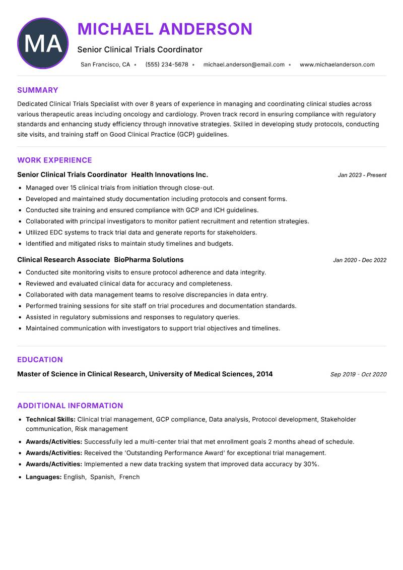 Clinical Trials Specialist resume example — ATS-friendly template