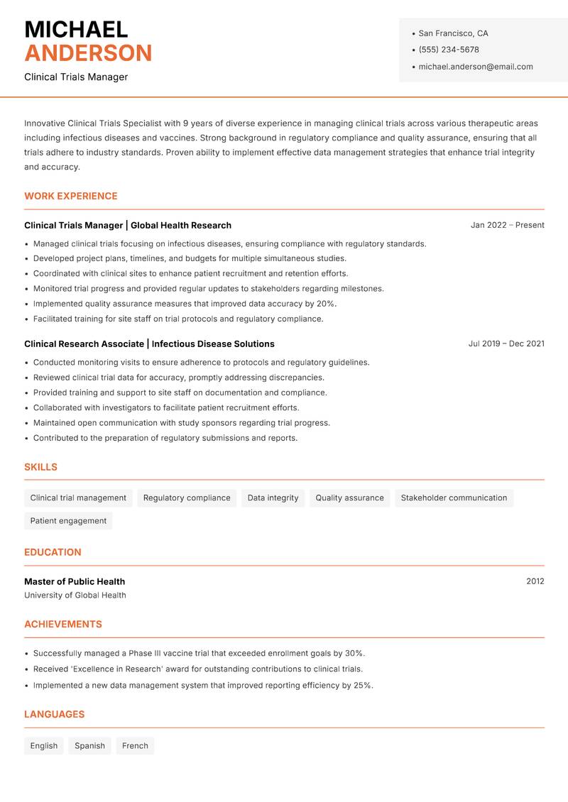 Clinical Trials Specialist resume template — Modern Professional