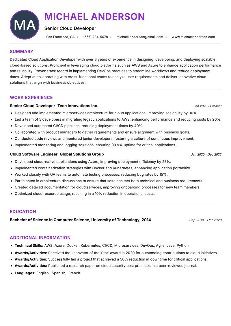 Cloud Application Developer resume example — ATS-friendly template