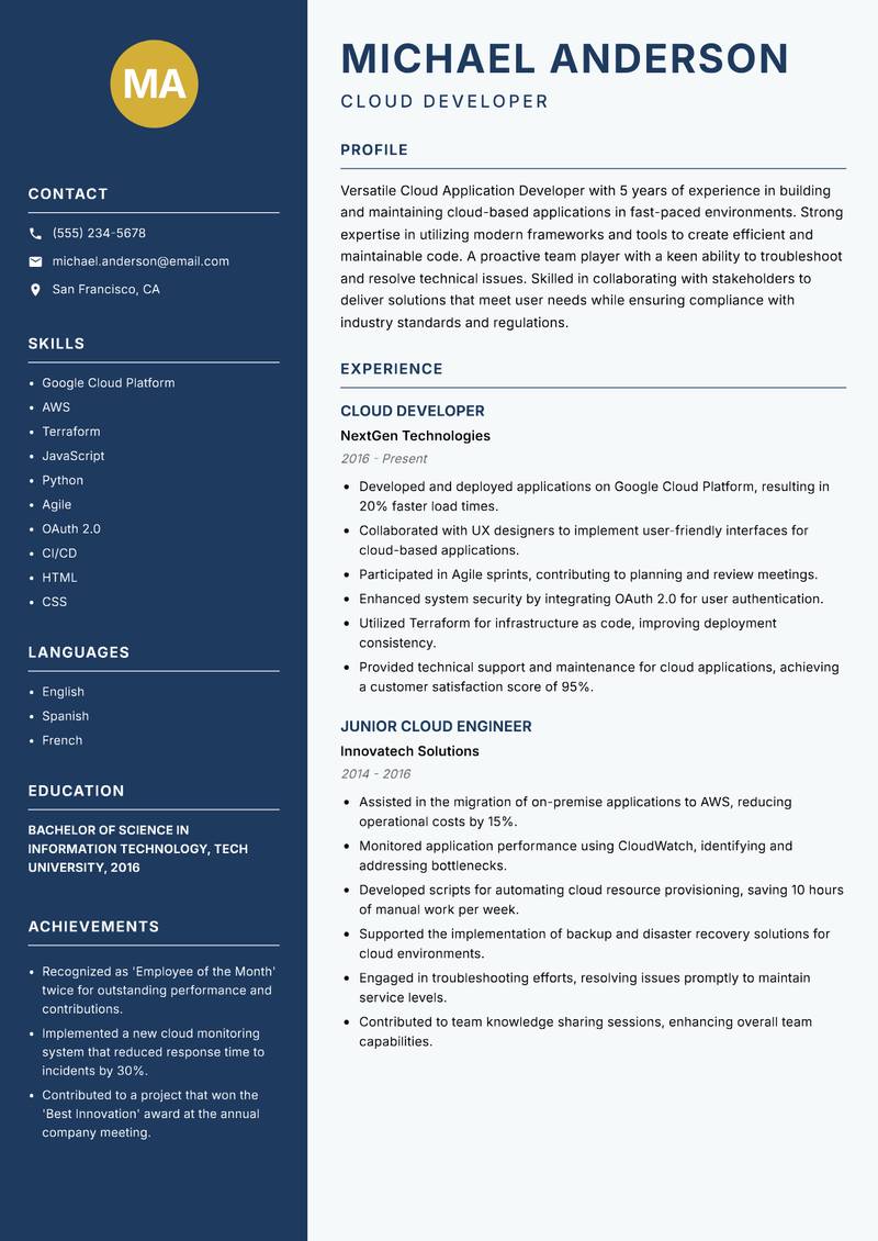 Cloud Application Developer resume template — Classic Clean