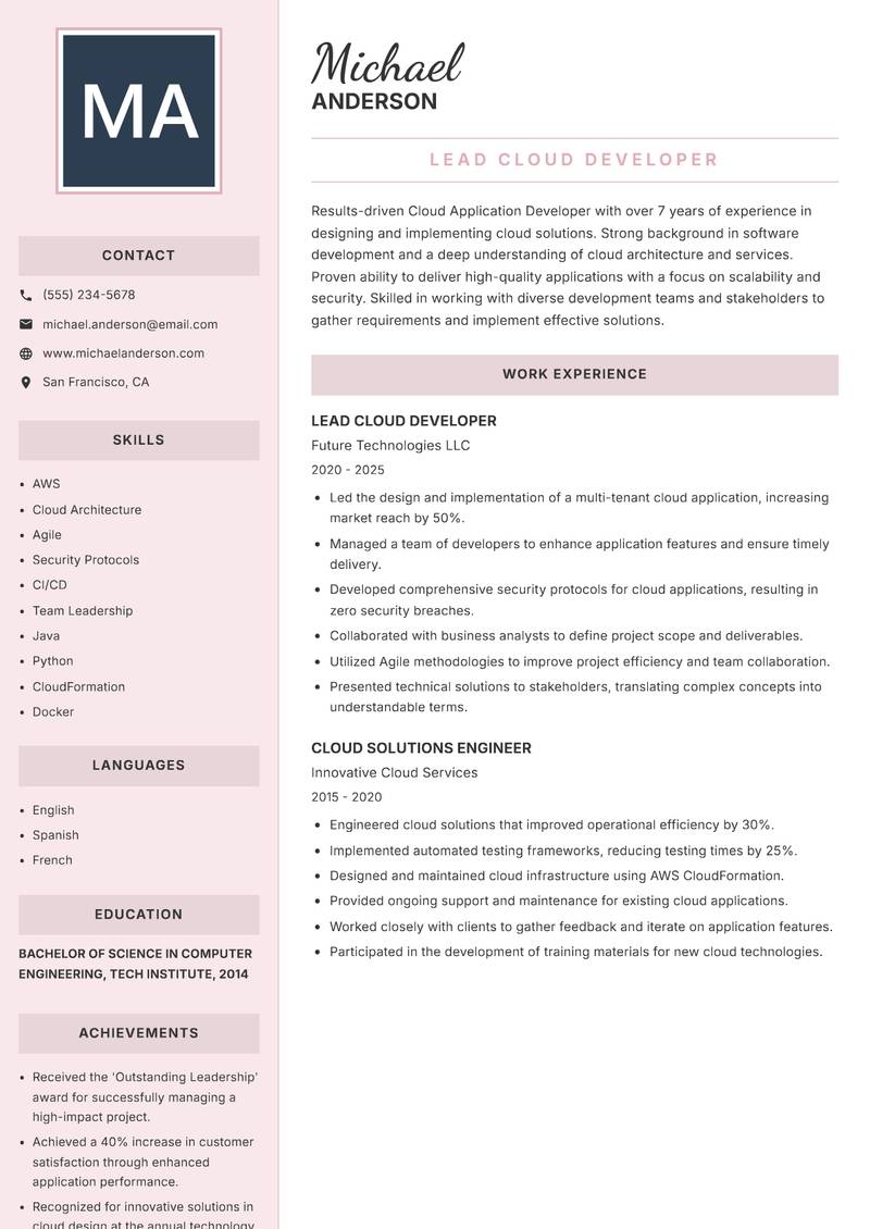 Cloud Application Developer resume template — Executive