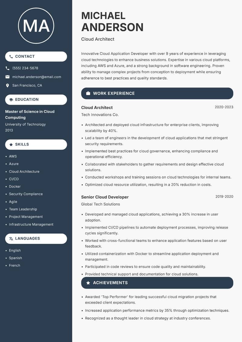 Cloud Application Developer resume template — Compact