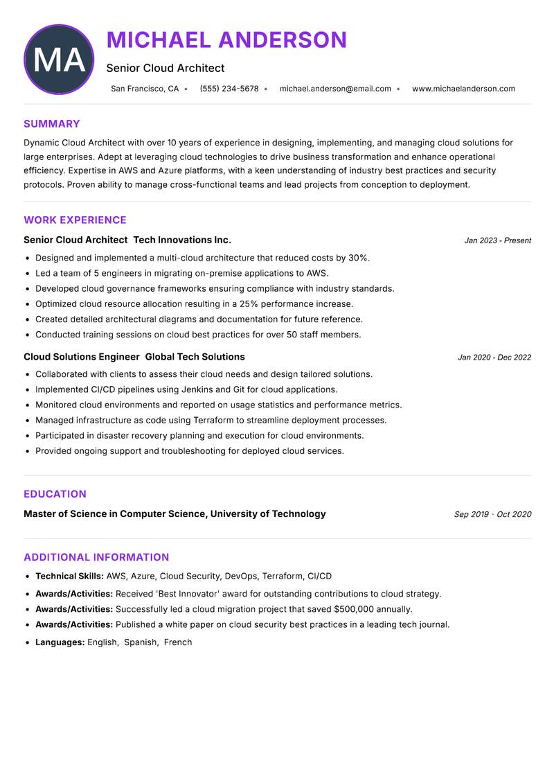 Cloud Architect resume example — ATS-friendly template