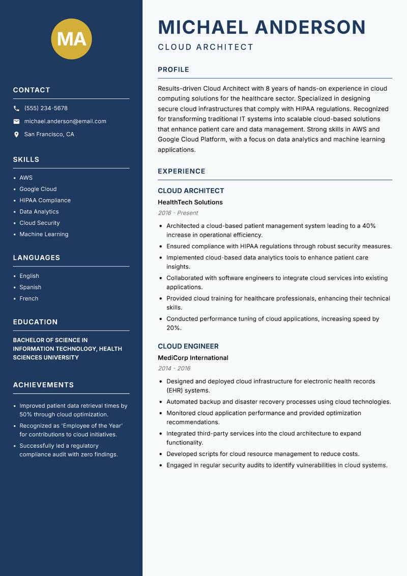 Cloud Architect resume template — Classic Clean
