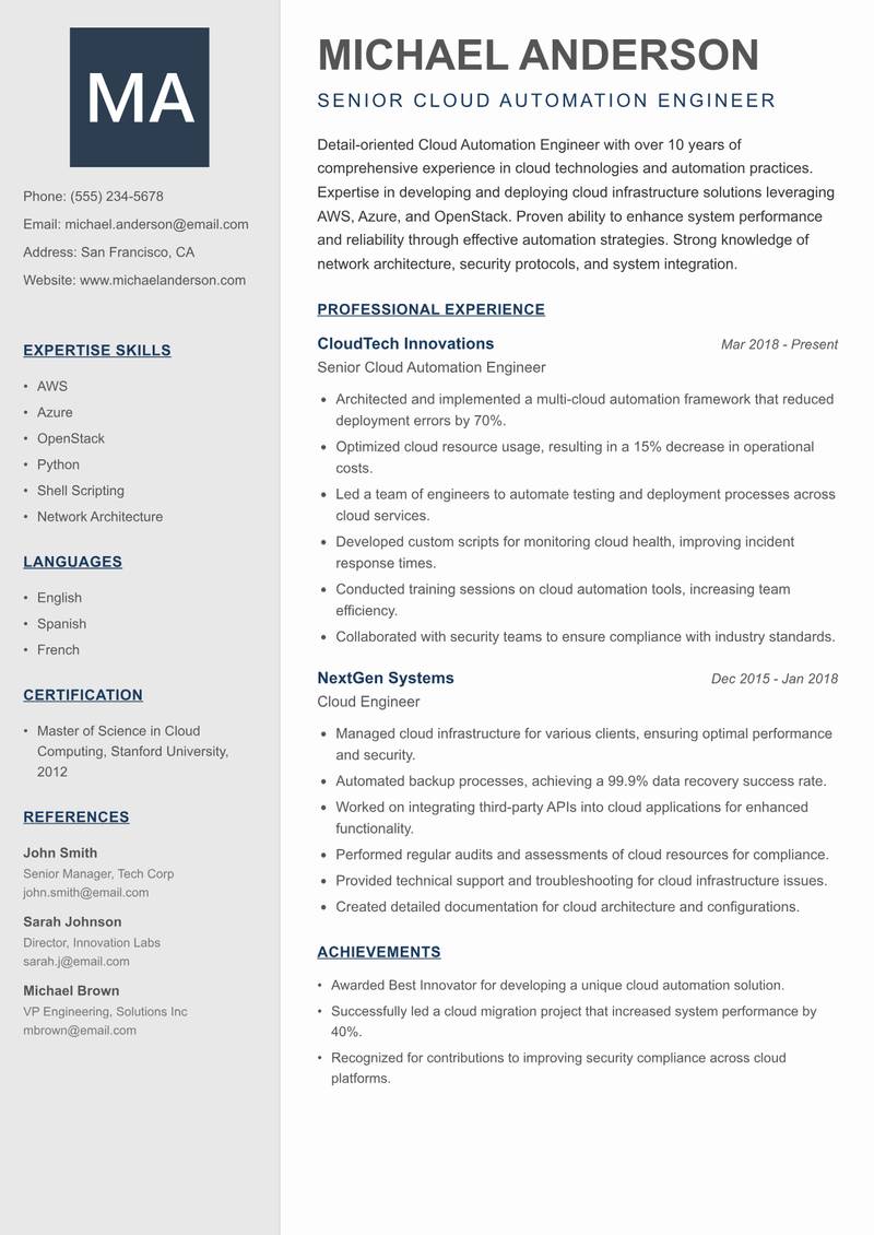 Cloud Automation Engineer resume template — Creative Minimal