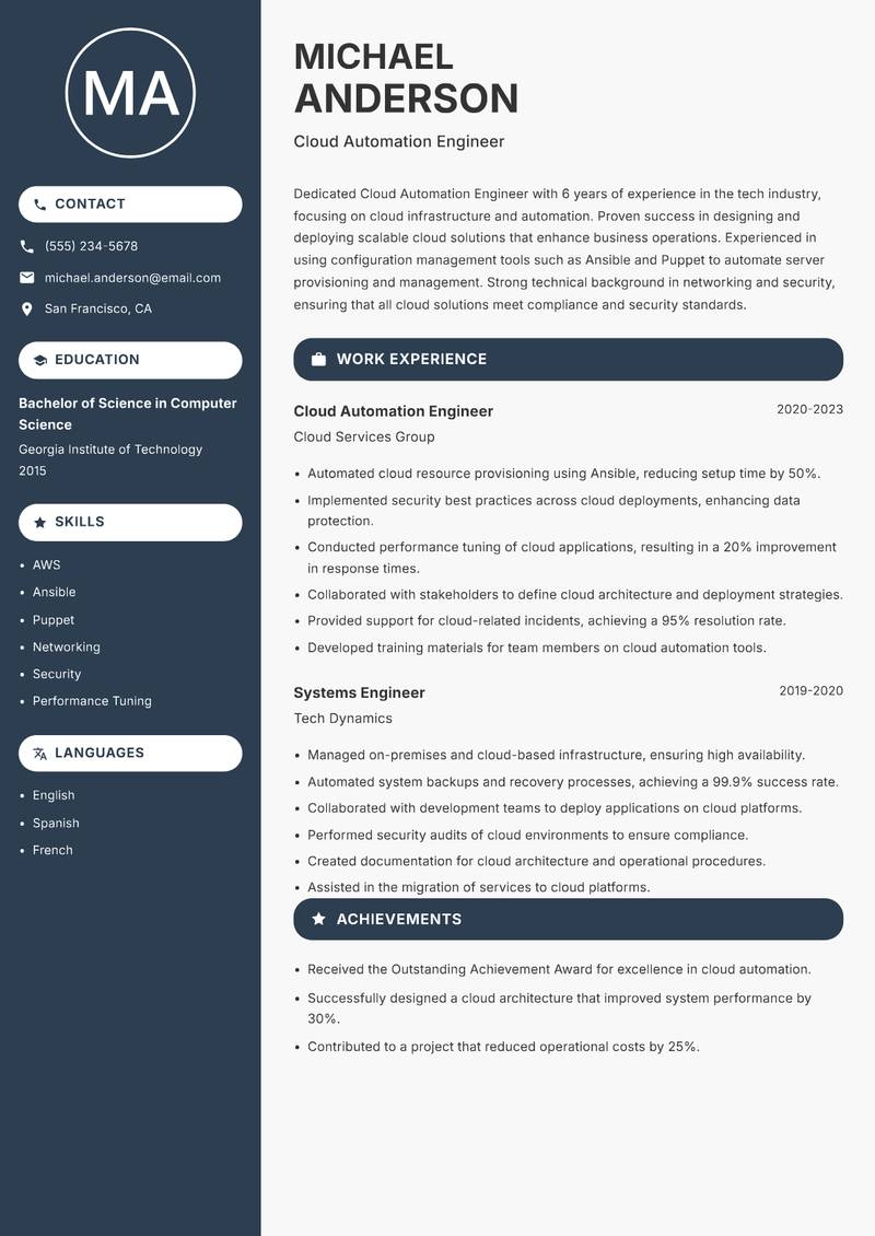 Cloud Automation Engineer resume template — Compact