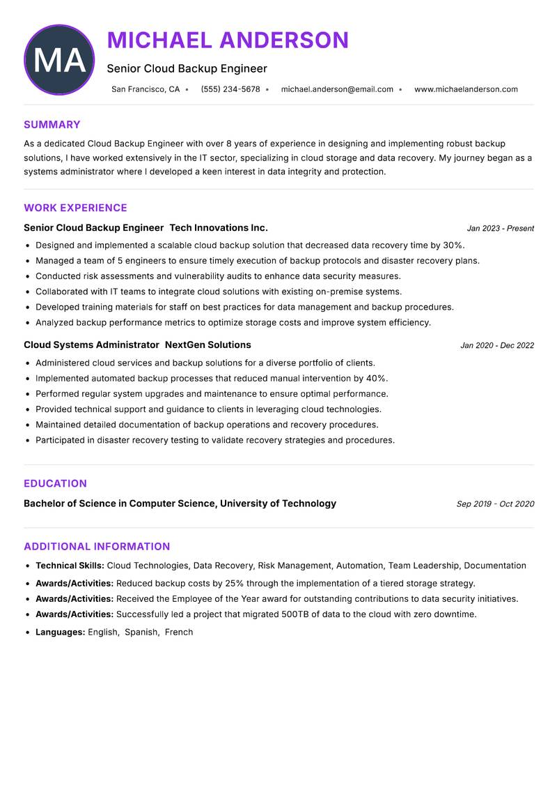 Cloud Backup Engineer resume example — ATS-friendly template