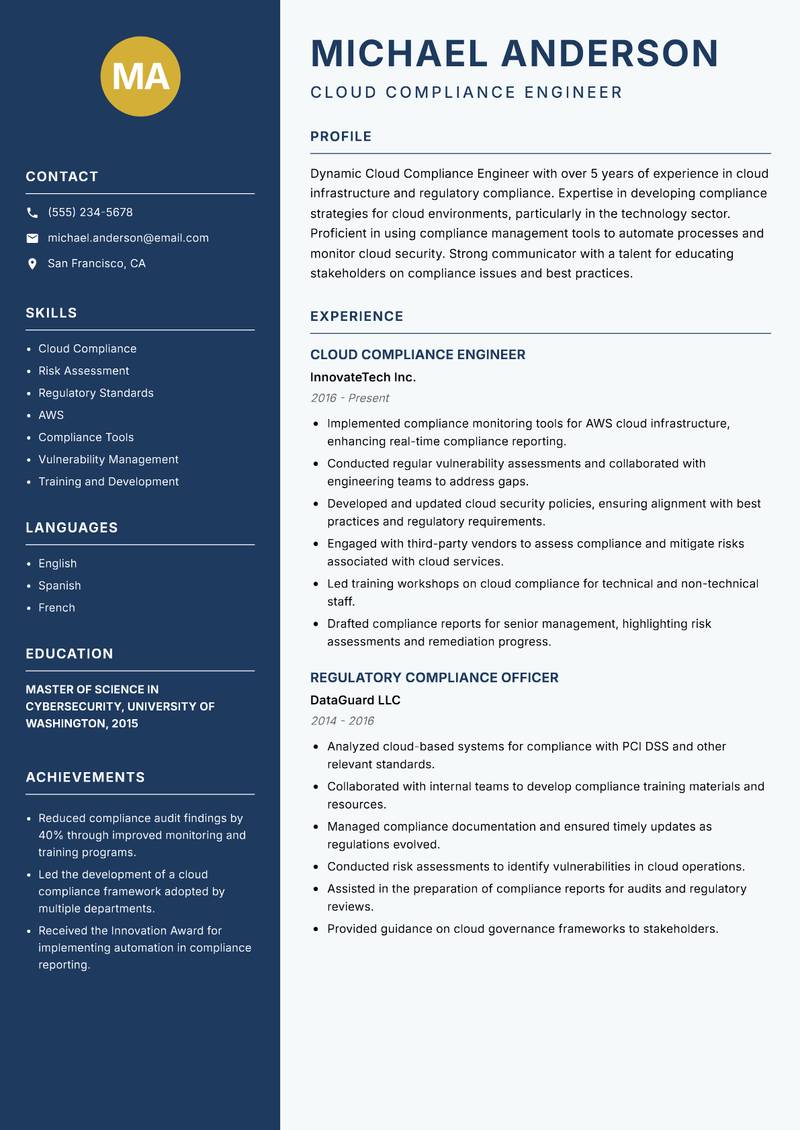 Cloud Compliance Engineer resume template — Classic Clean