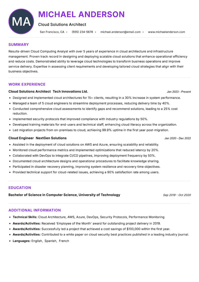 Cloud Computing Analyst resume example — ATS-friendly template