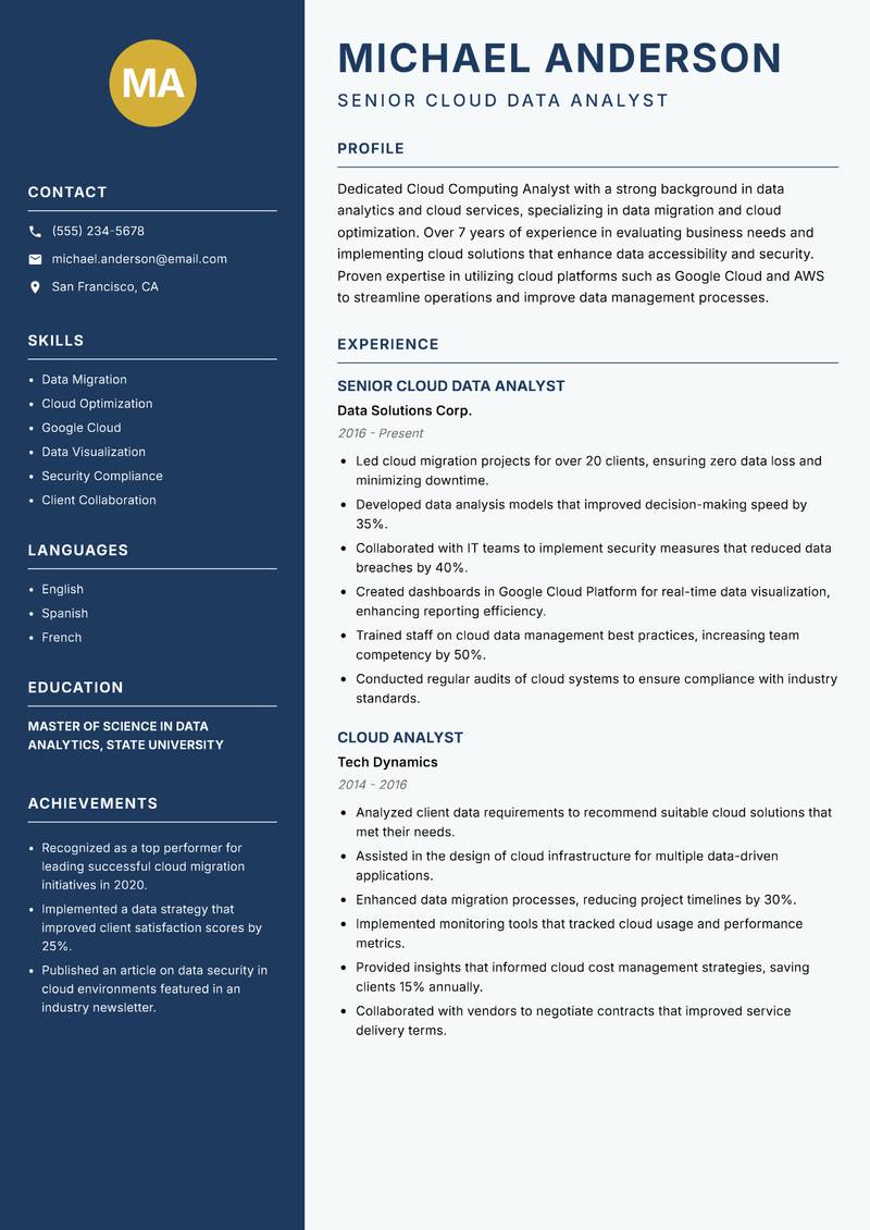 Cloud Computing Analyst resume template — Classic Clean