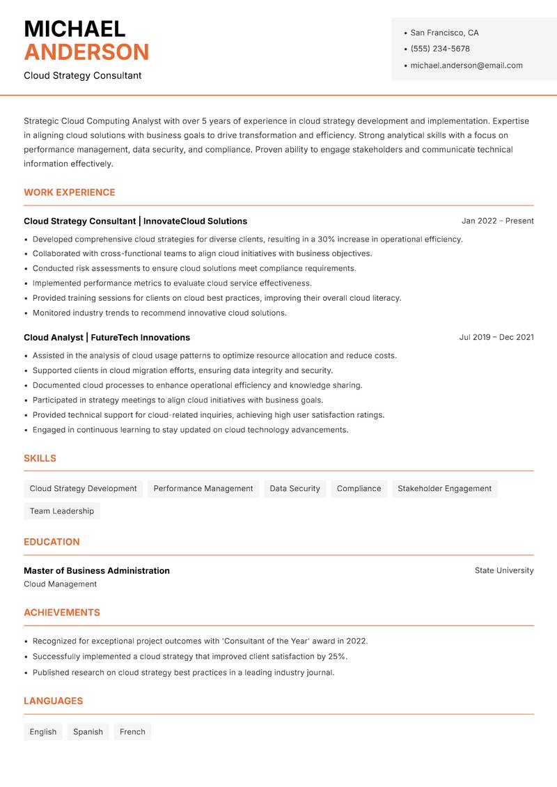 Cloud Computing Analyst resume template — Modern Professional