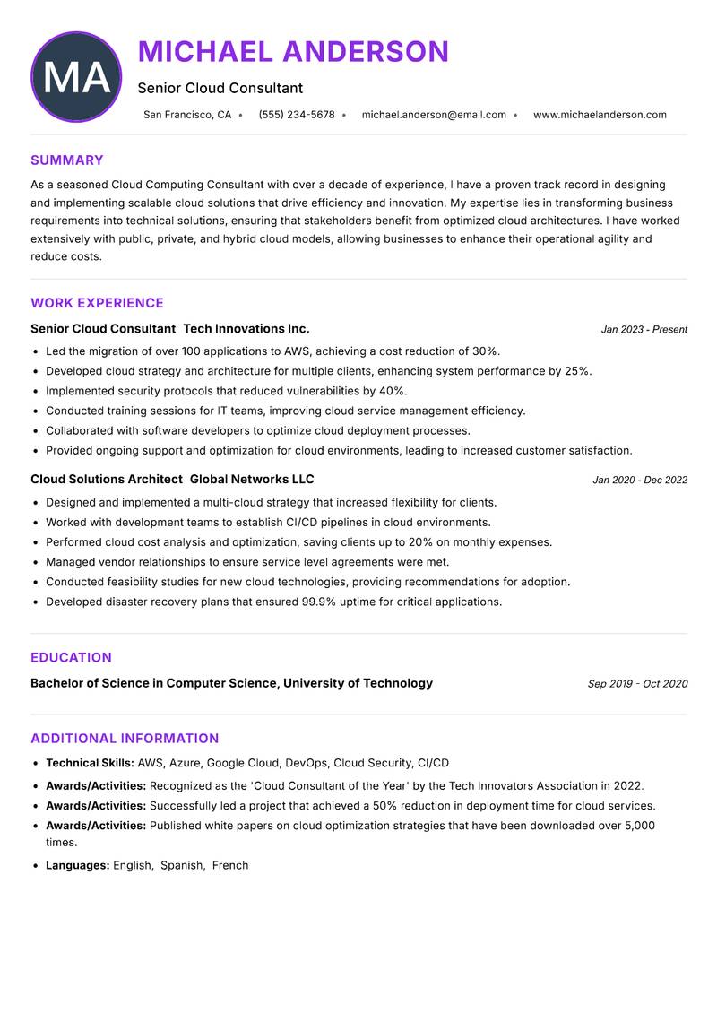 Cloud Computing Consultant resume example — ATS-friendly template