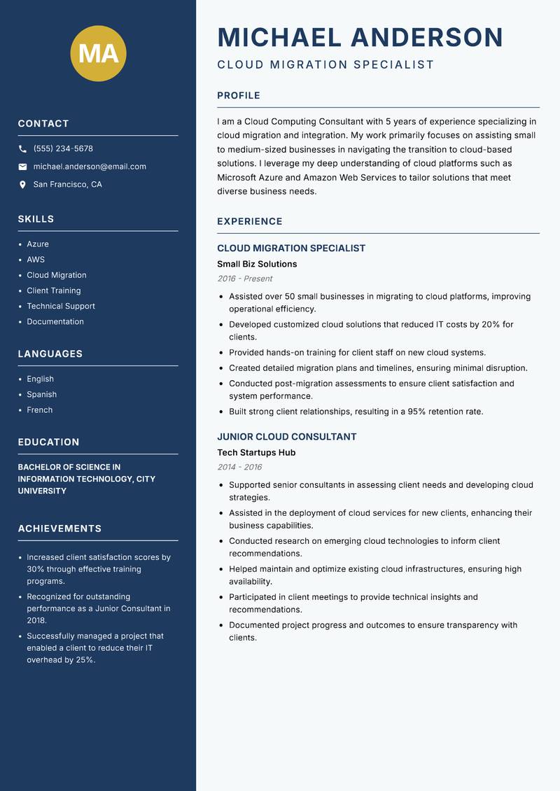 Cloud Computing Consultant resume template — Classic Clean