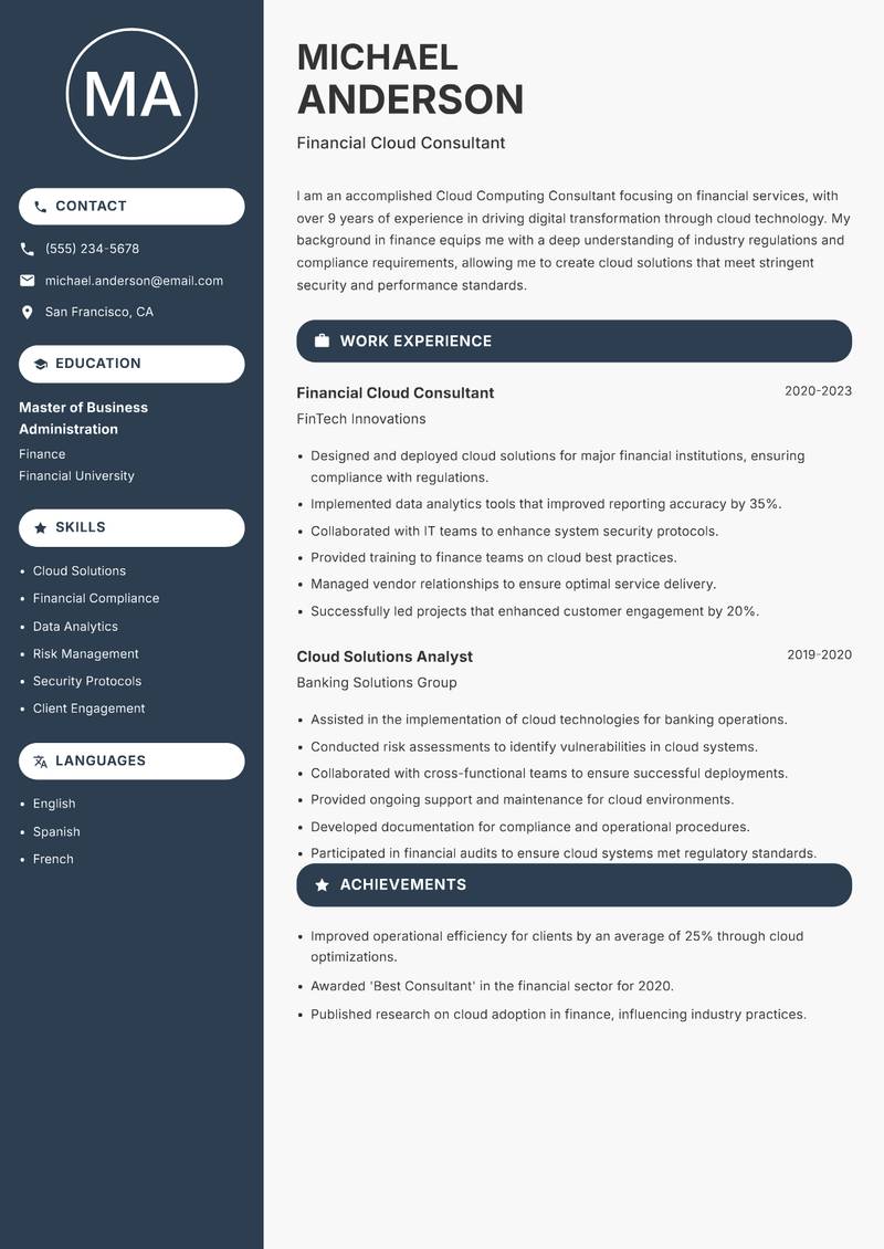 Cloud Computing Consultant resume template — Compact