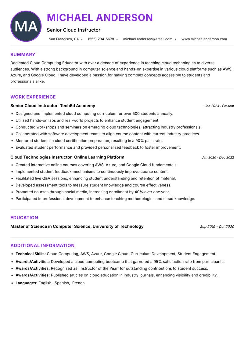 Cloud Computing Educator resume example — ATS-friendly template