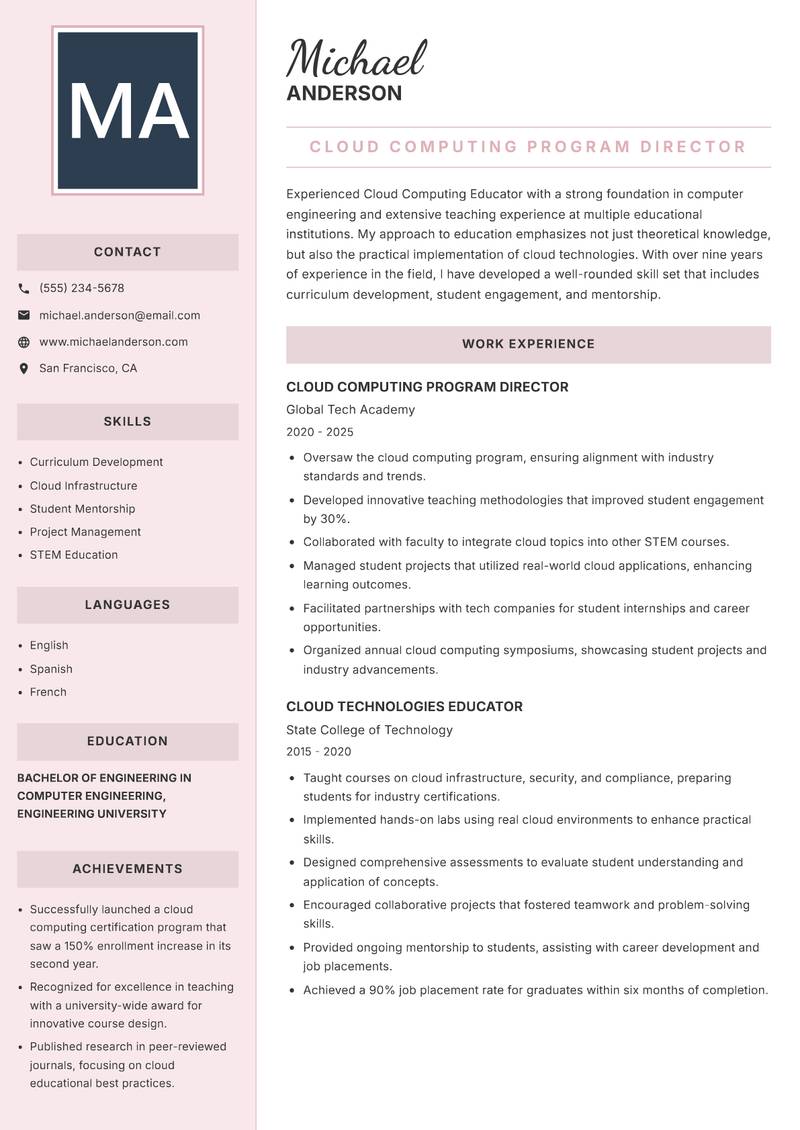 Cloud Computing Educator resume template — Executive