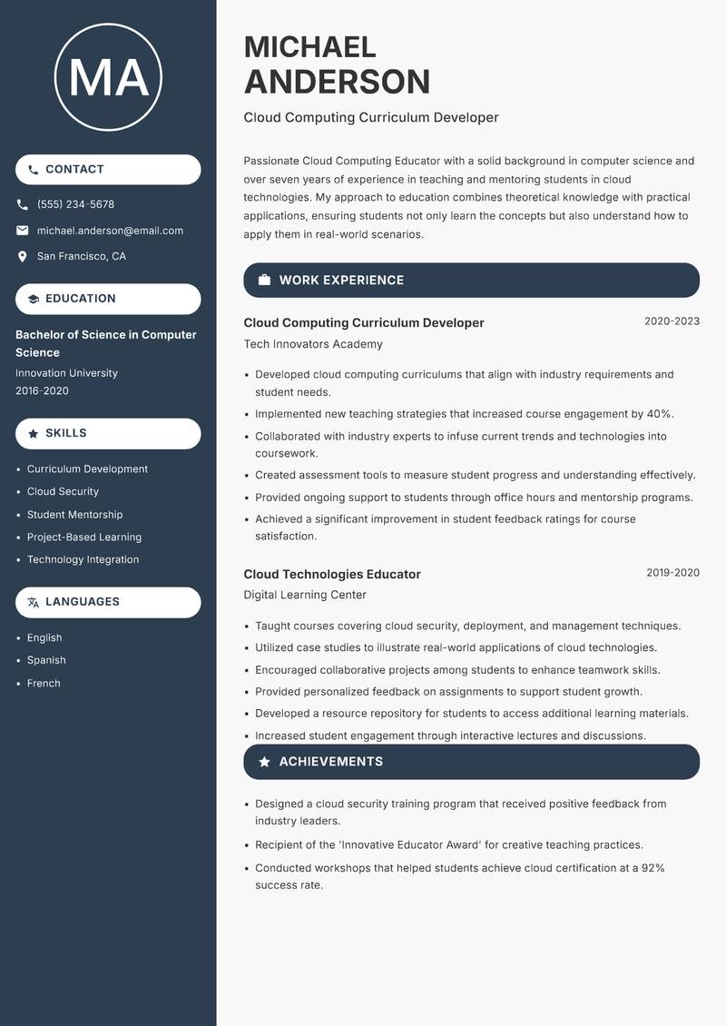 Cloud Computing Educator resume template — Compact