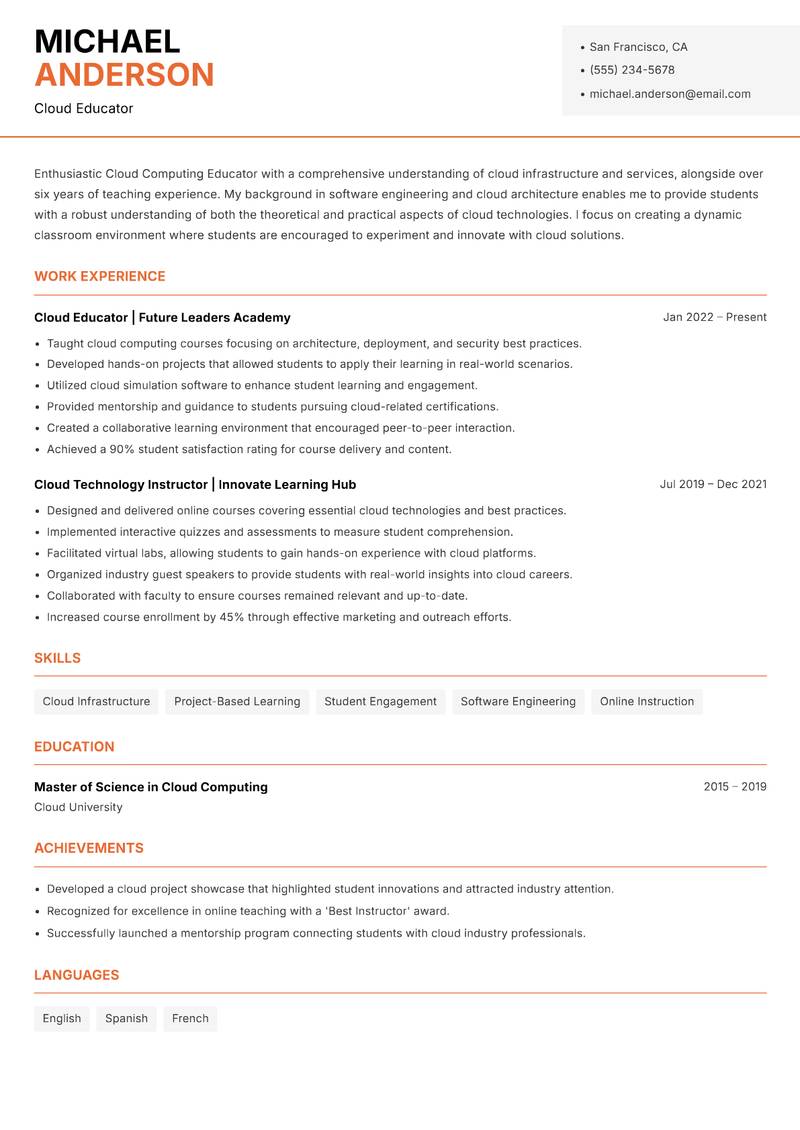 Cloud Computing Educator resume template — Modern Professional