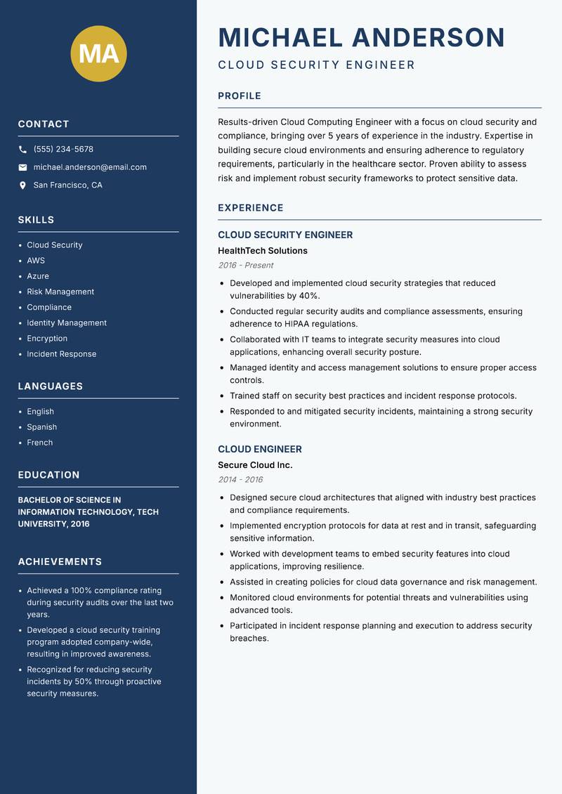 Cloud Computing Engineer resume template — Classic Clean
