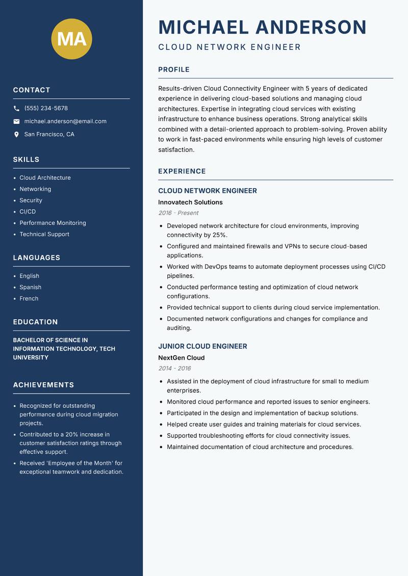 Cloud Connectivity Engineer resume template — Classic Clean