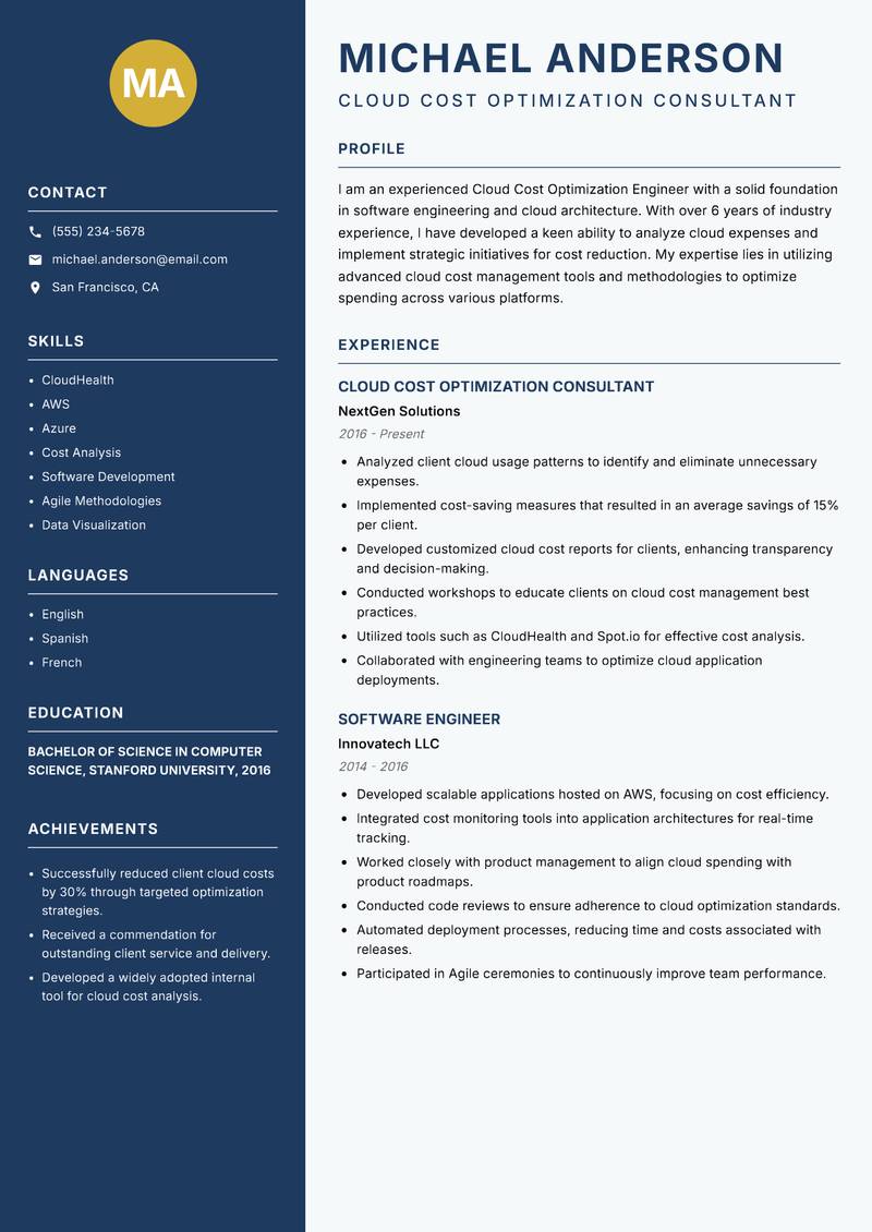 Cloud Cost Optimization Engineer resume template — Classic Clean