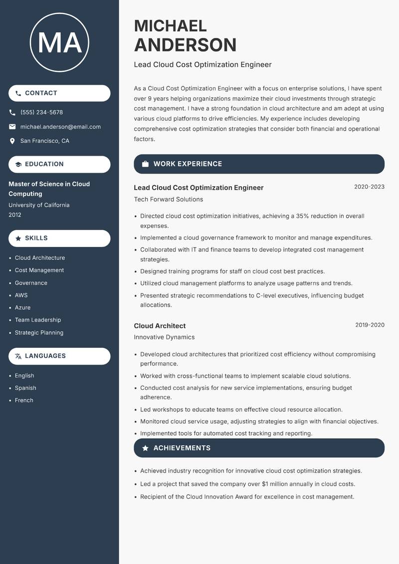 Cloud Cost Optimization Engineer resume template — Compact