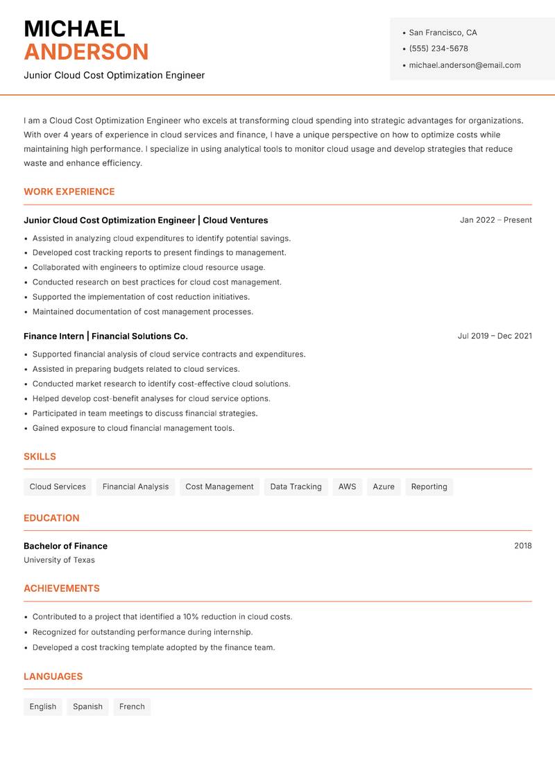 Cloud Cost Optimization Engineer resume template — Modern Professional