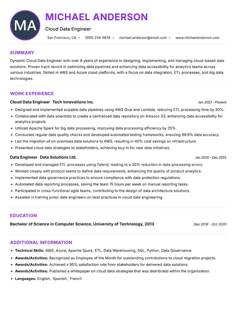 Cloud Data Engineer resume example — ATS-friendly template