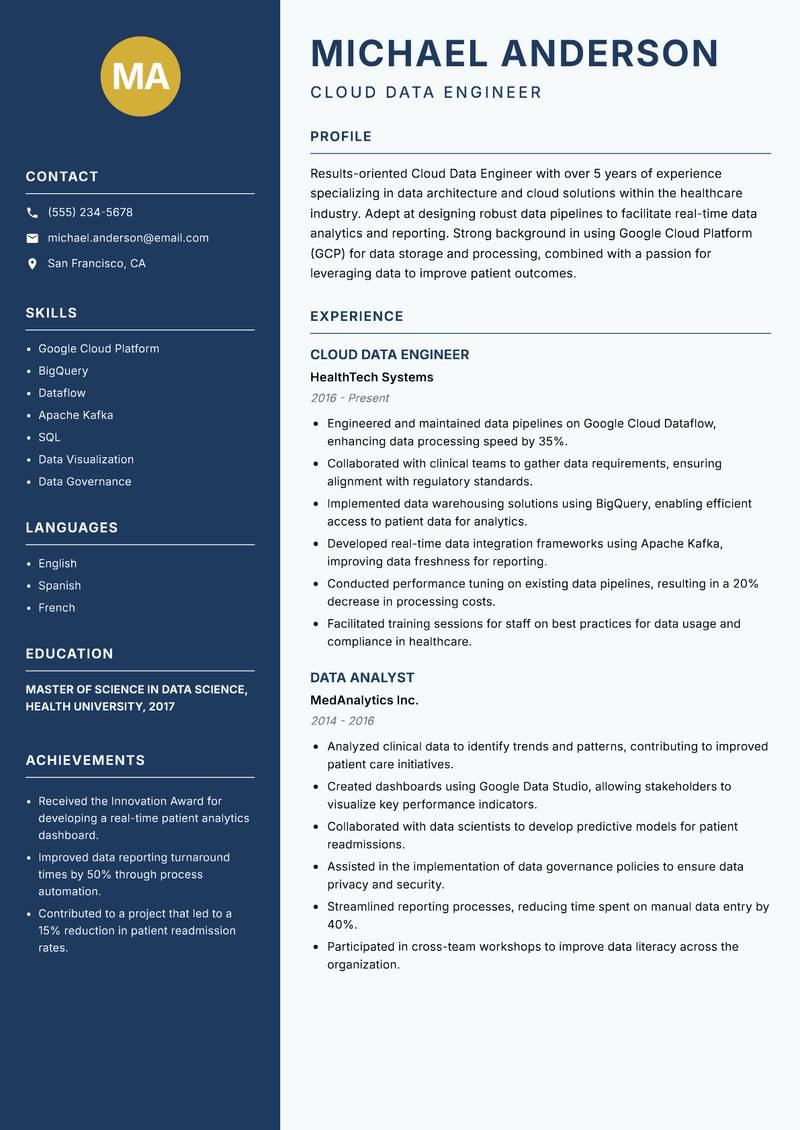Cloud Data Engineer resume template — Classic Clean