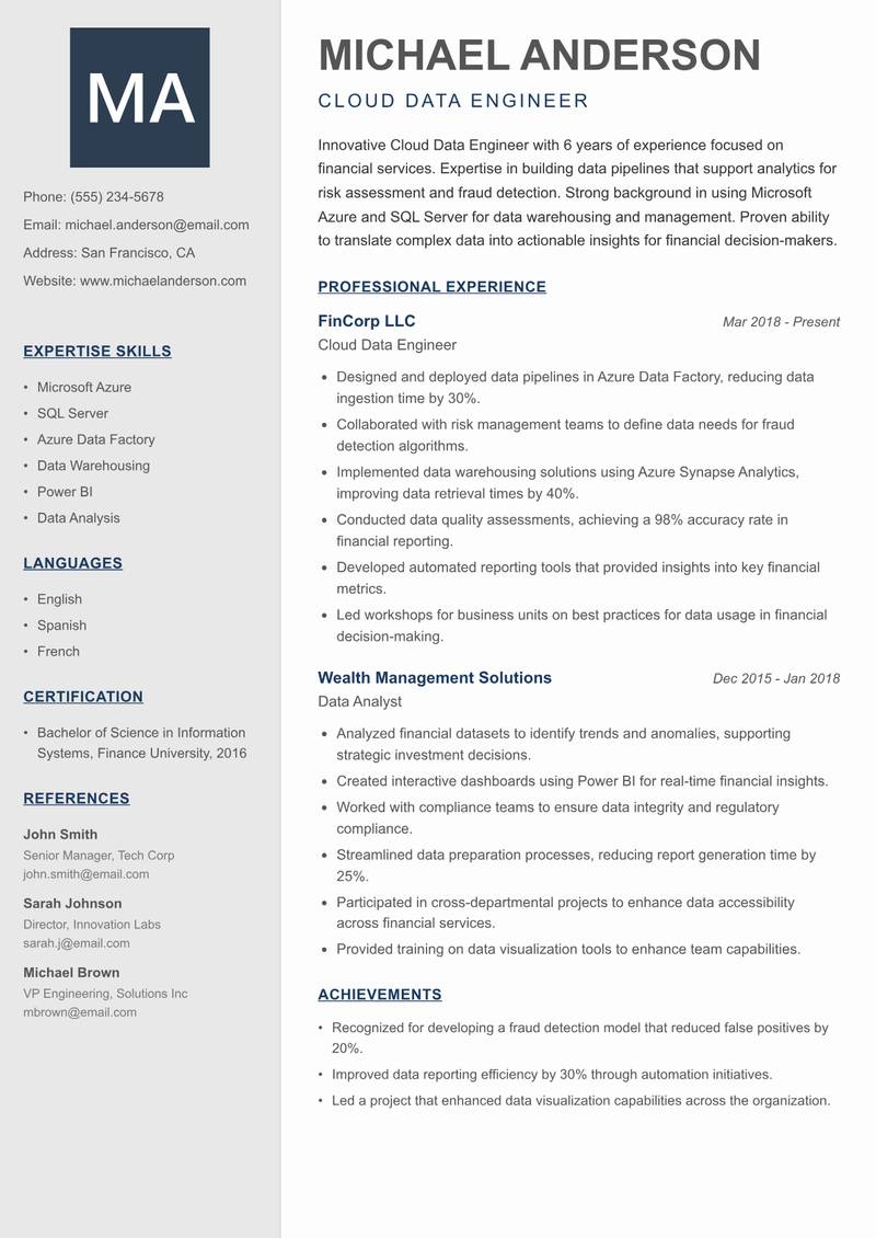 Cloud Data Engineer resume template — Creative Minimal
