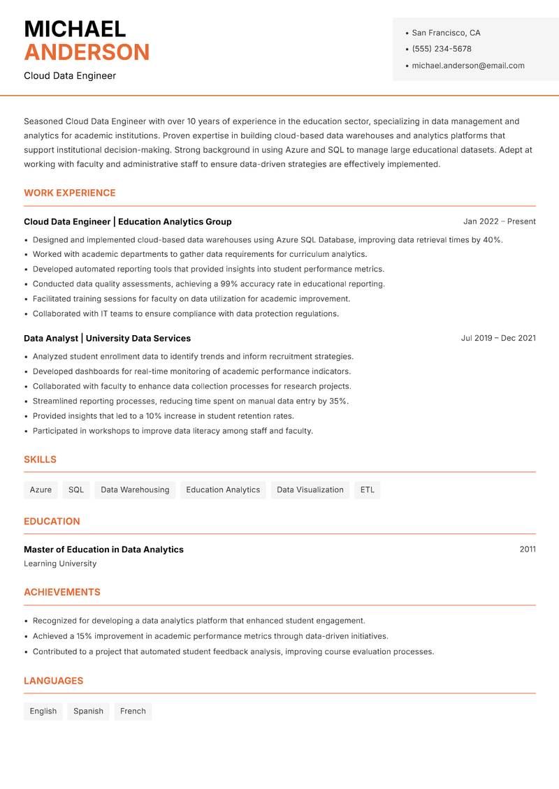 Cloud Data Engineer resume template — Modern Professional