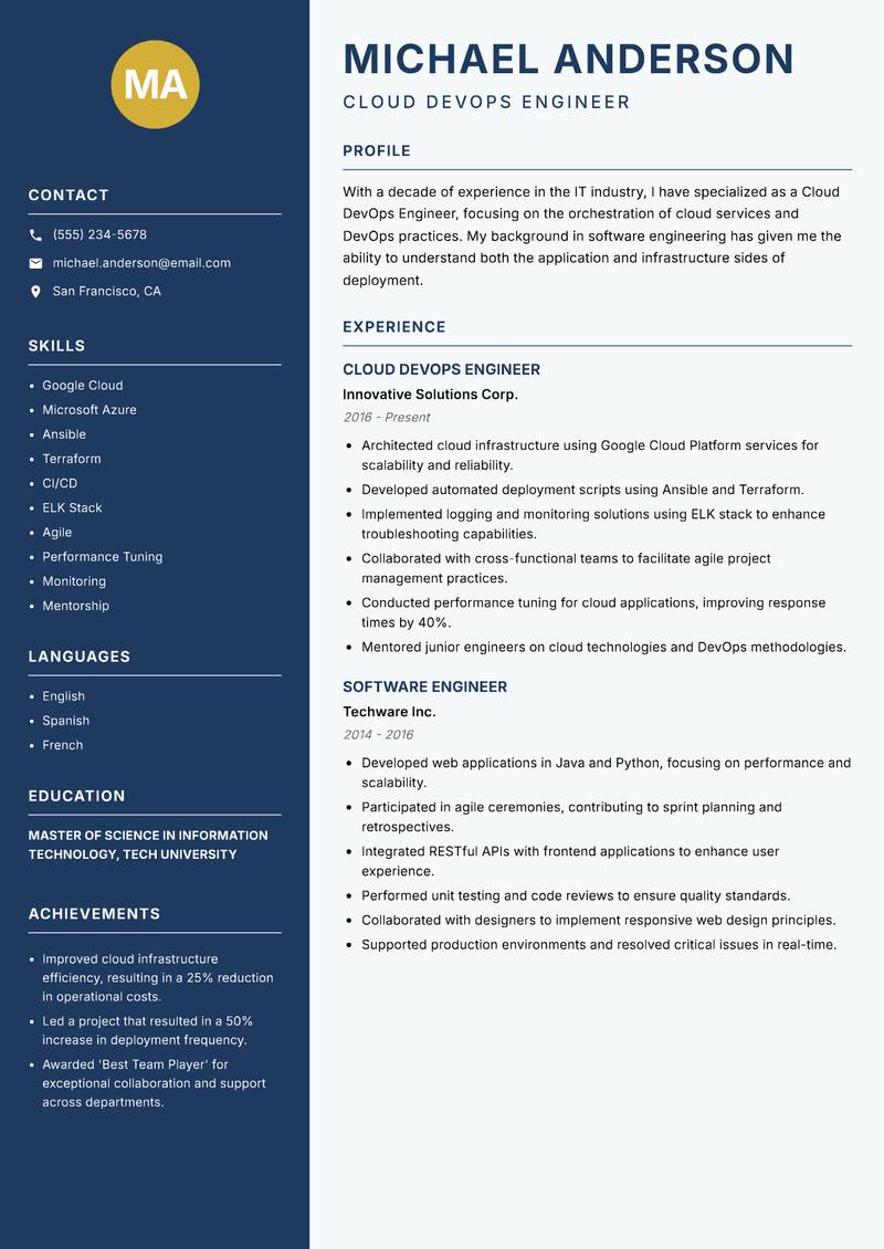 Cloud DevOps Engineer resume template — Classic Clean