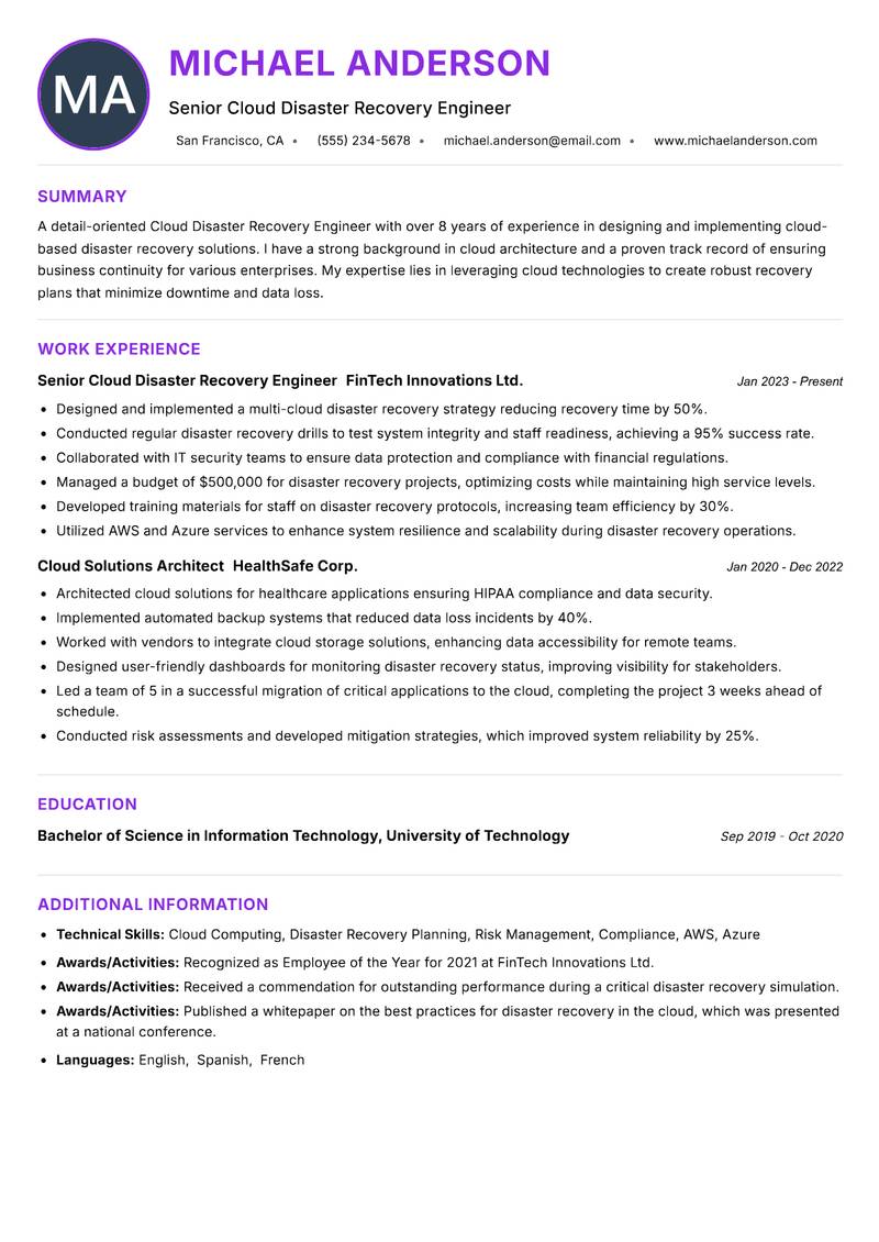 Cloud Disaster Recovery Engineer resume example — ATS-friendly template