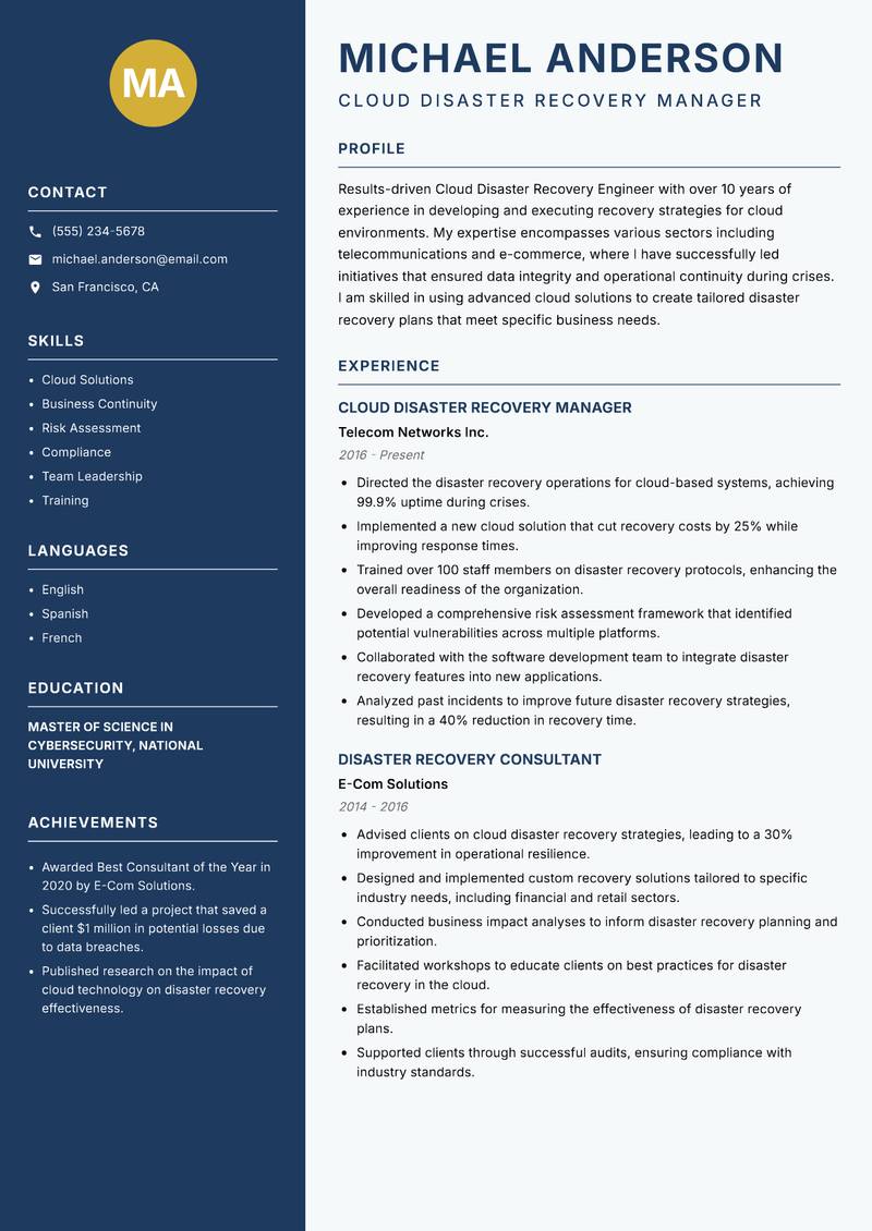 Cloud Disaster Recovery Engineer resume template — Classic Clean