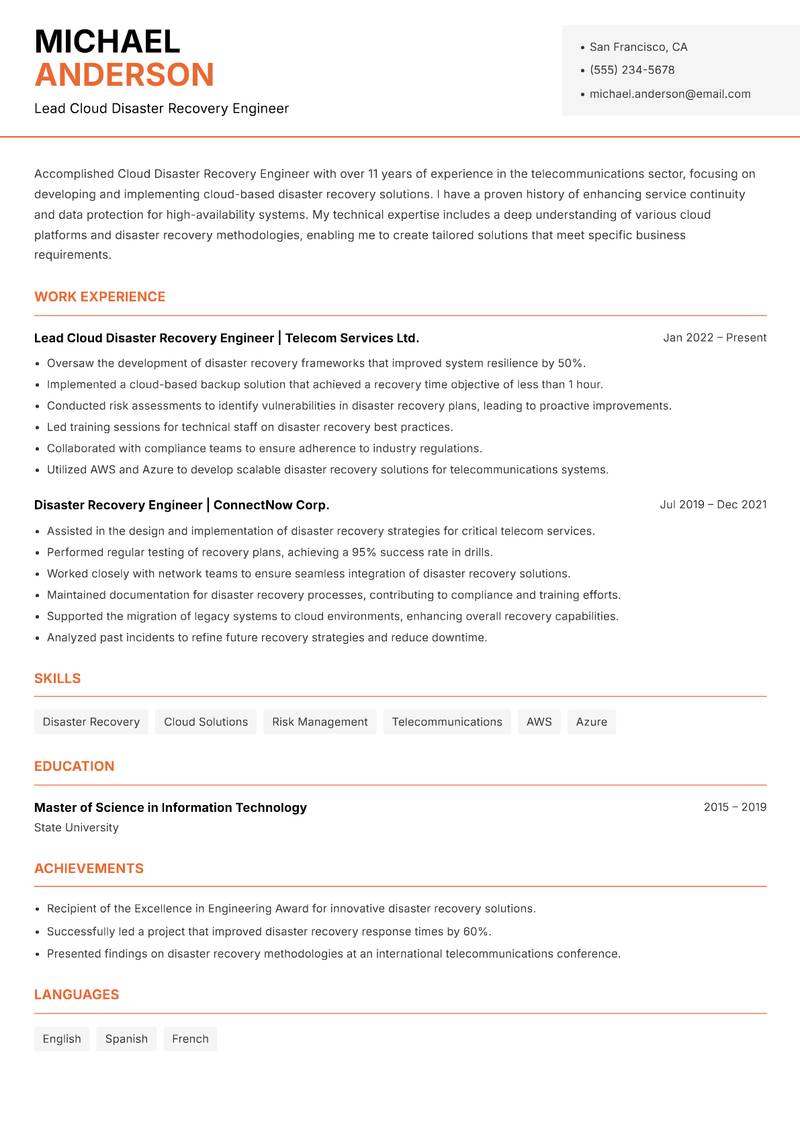 Cloud Disaster Recovery Engineer resume template — Modern Professional