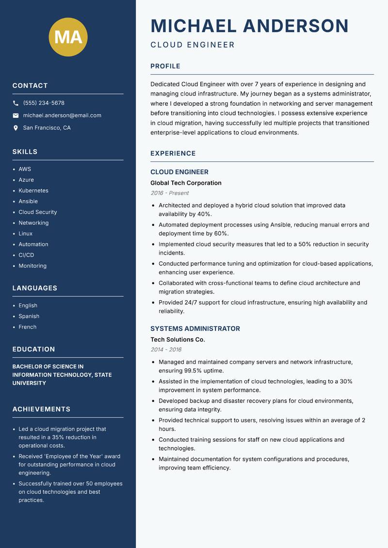 Cloud Engineer resume template — Classic Clean