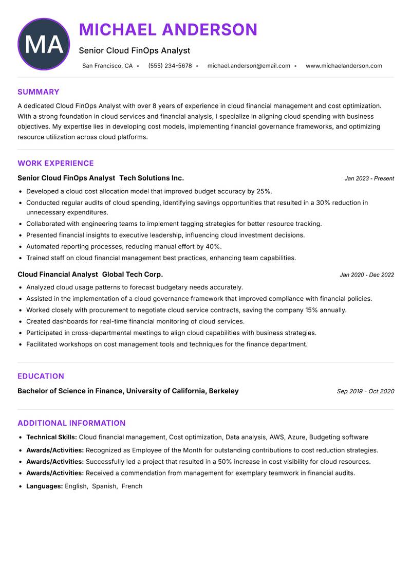 Cloud FinOps Analyst resume example — ATS-friendly template