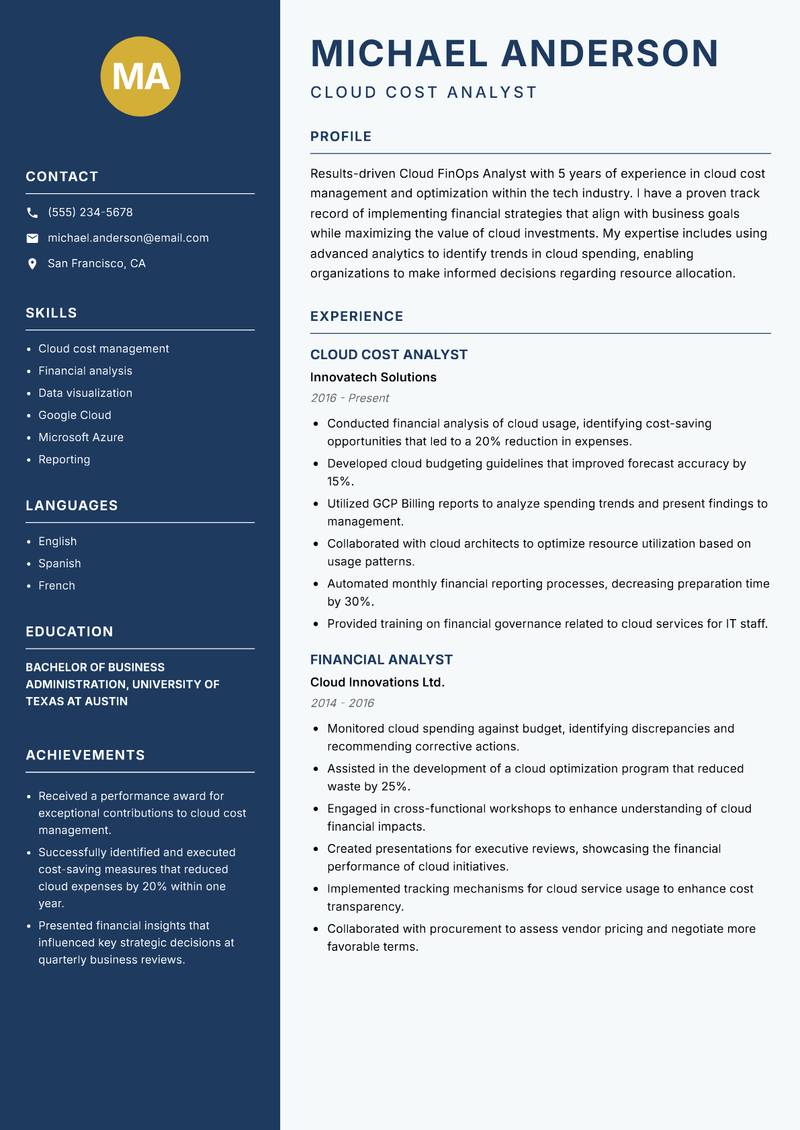 Cloud FinOps Analyst resume template — Classic Clean