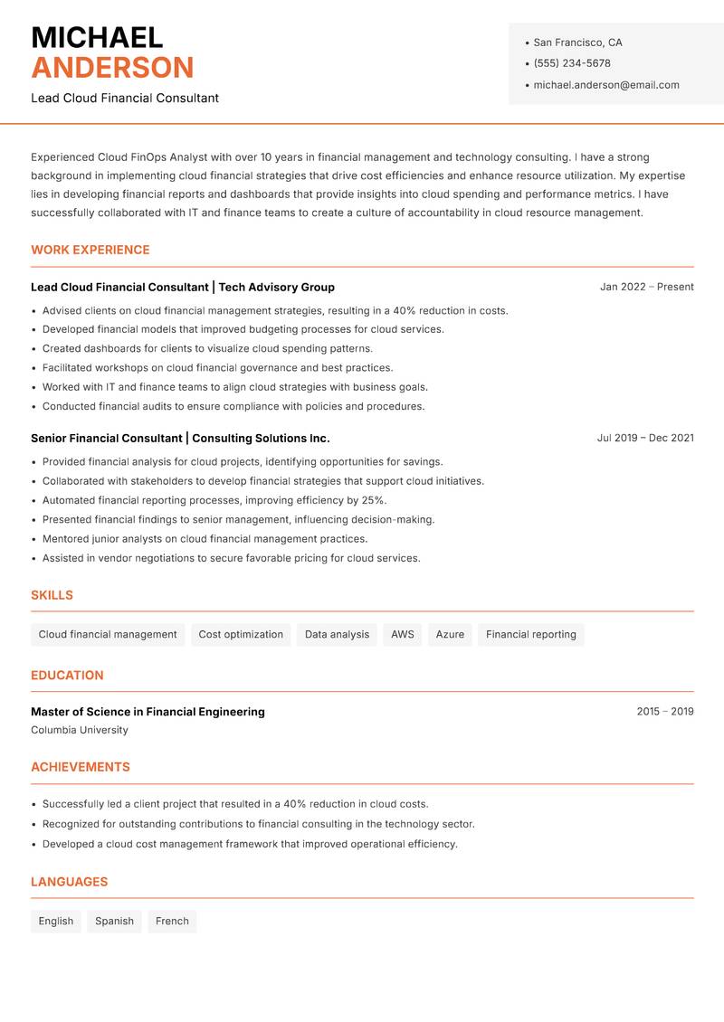 Cloud FinOps Analyst resume template — Modern Professional