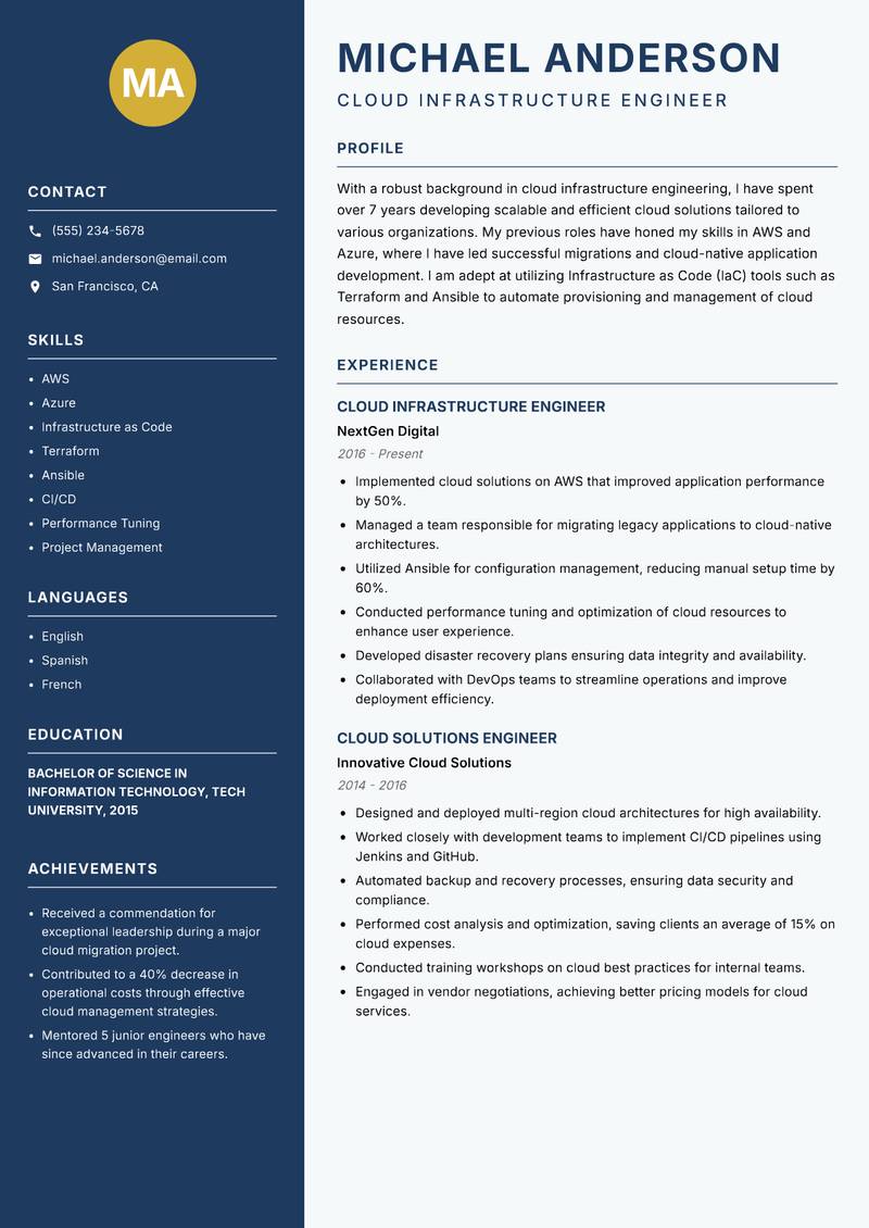 Cloud Infrastructure Engineer resume template — Classic Clean