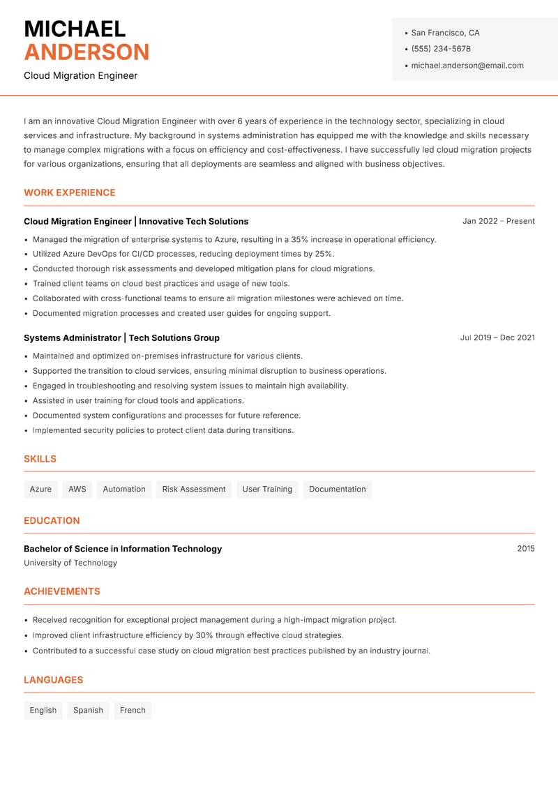 Cloud Migration Engineer resume template — Modern Professional
